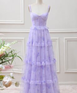 Lavender A Line Corset Spaghetti Straps Floral Tiered Maxi Dress