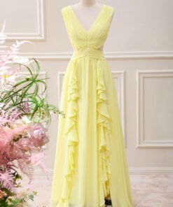 Lemon Yellow V Neck Cut Out Chiffon Maxi Dress with Ruffles