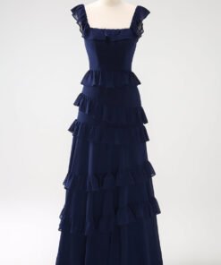 Dark Navy A Line Tiered Chiffon Maxi Bridesmaid Dress