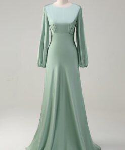 Modest Long Sleeve Round Neck Sage Bridesmaid Dress