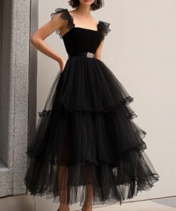 A Line Tulle Tea-Length Black Prom Dress