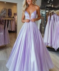 A Line Light Purple Spaghetti Straps Pleated Prom Dress