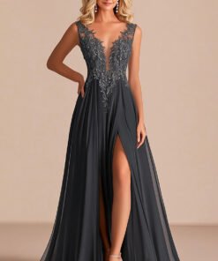 Charcoal A Line V-Neck Appliqued Mother of the Bride Dress with Slit