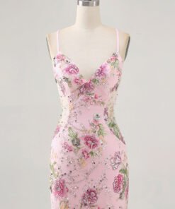 Floral Bodycon Sequin Pink Homecoming Dress with Lace-up Back