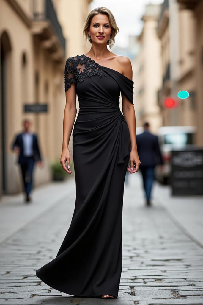 One Shoulder Black Mermaid Appliqued Mother Of The Bride Dress