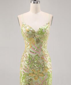 Sparkly Green Spaghetti Straps Tight Homecoming Dress