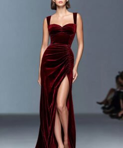 Velvet Burgundy Sheath Formal Dress with Slit