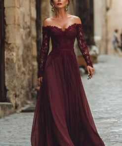 Cabernet A-Line Off the Shoulder Mother Of The Bride Dress With Lace