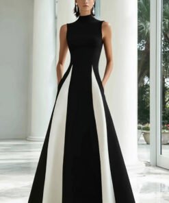 Black and White A-Line High Neck Long Formal Dress