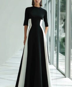 Black and White A-Line Long Formal Dress with Half Sleeves
