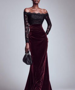 Black and Burgundy Velvet Off The Shoulder Lace Mermaid Formal Dress