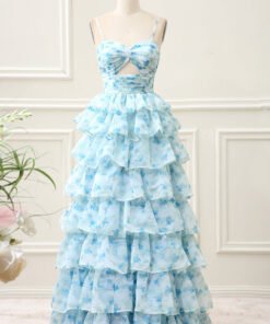 A Line Spaghetti Straps Cut Out Tiered Blue Tiered Maxi Dress