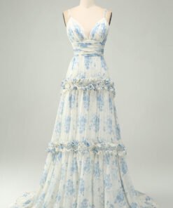 White Blue Flower A Line Long Tulle Maxi Dress with Ruffles